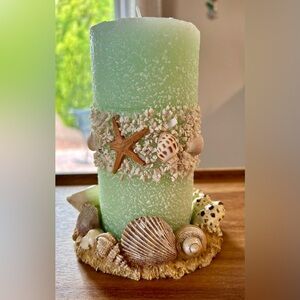 Brand New Coastal Green Candle with Seashell Accents
And Coordinating Holder